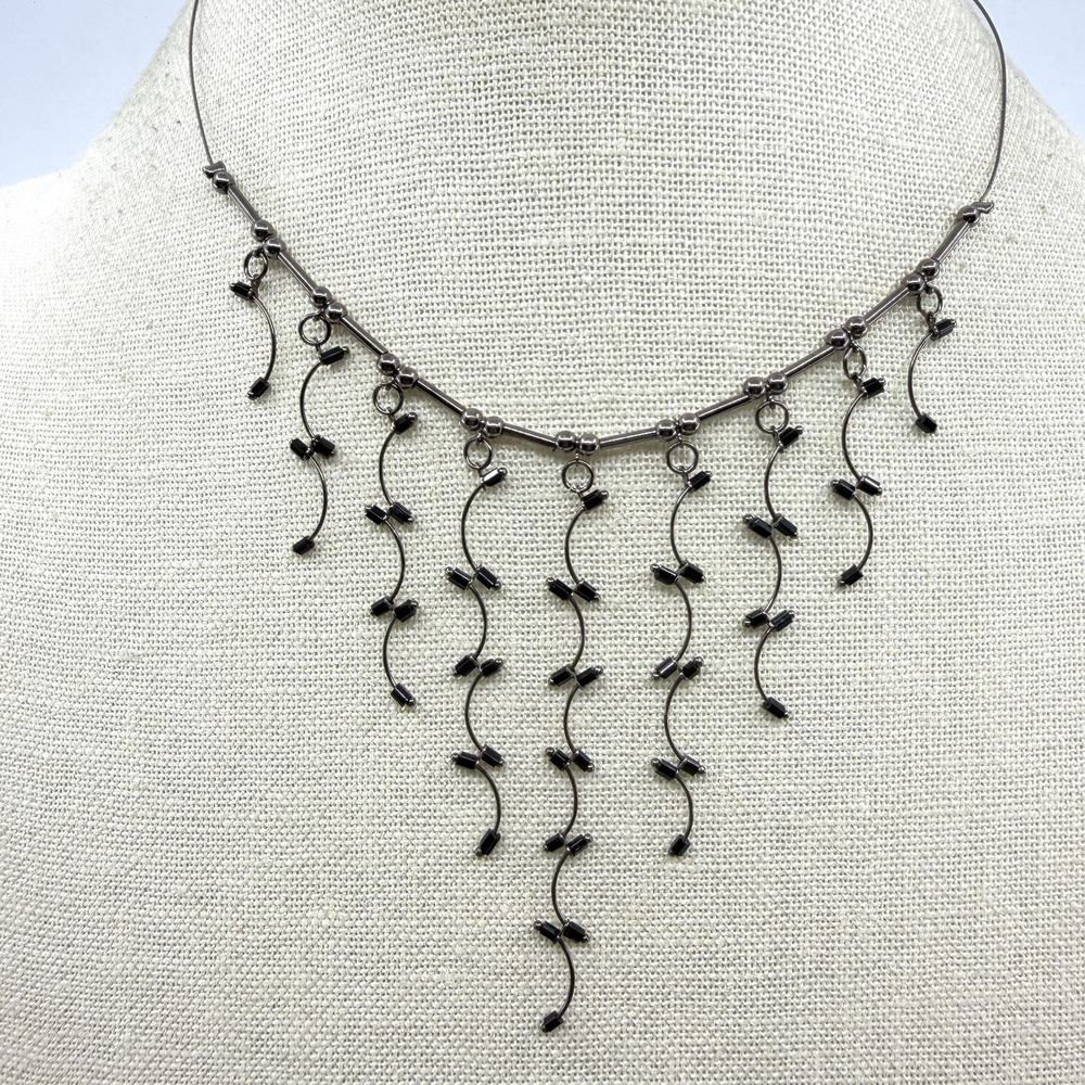 Claire's Gunmetal Tone Bib Necklace Fringe Beaded Boho Statement Jewelry Gift